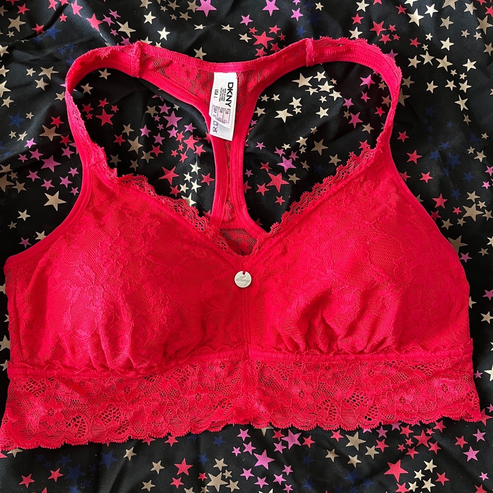 DKNY Signature Collection Red Mesh & Lace Racer Back Bralette Bra L